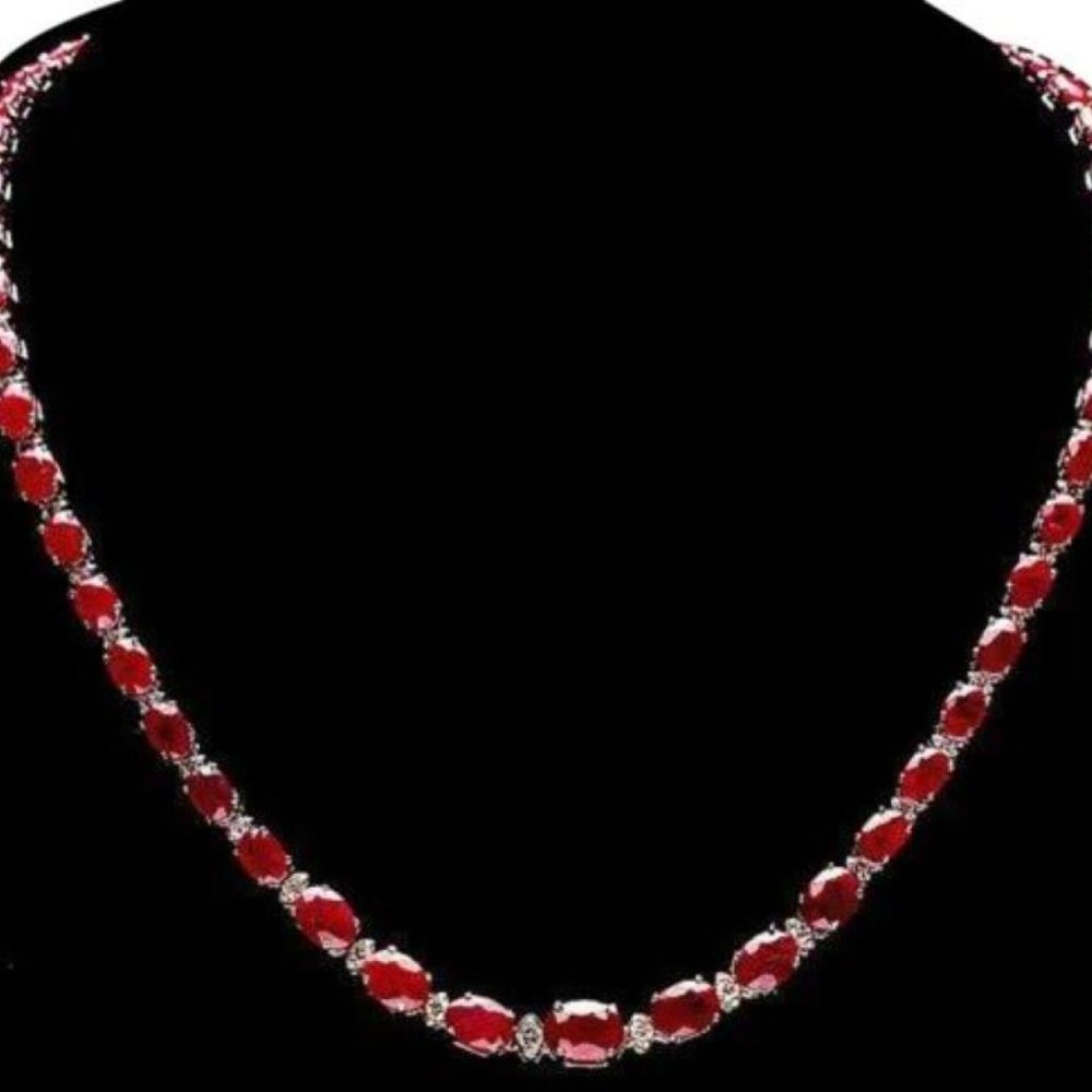 38.30Ct Natural Ruby and Diamond 14K Solid White Gold Necklace